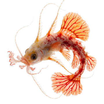 Exotic deep sea fish with translucent body and red veins isolated on white