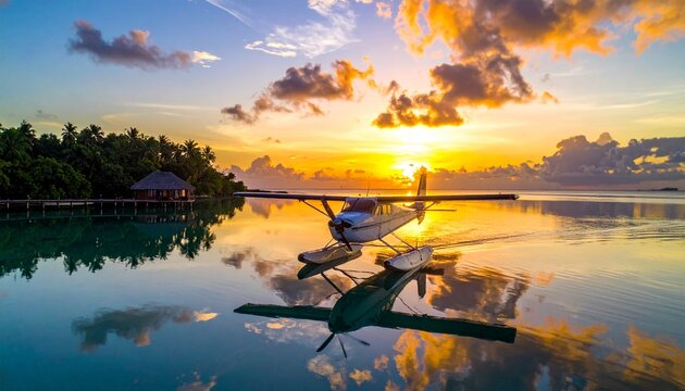 Seaplane on Calm Waters at Sunset - A Tropical Paradise.