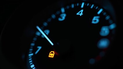 Fototapeta premium Illuminated car dashboard with an active orange immobilizer warning light, showing speedometer and tachometer numbers in blue