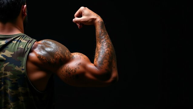 Male bodybuilder exhibiting strong arm muscles and unique skin pattern against a black backdrop, representing power and fitness