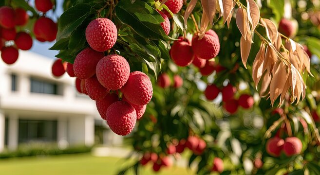 Close-up of ripe, red fruit cluster hanging from a tree with a blurred house in background