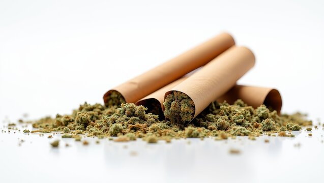 Cannabis flower buds and pre rolled blunts on a clean white surface, highlighting cannabis products and consumption
