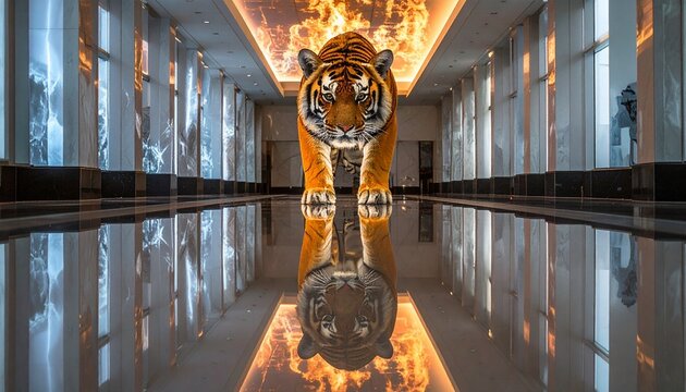Majestic Tiger Sculpture in a Modern Hallway with Reflective Floor.