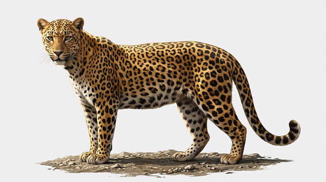 Realistic leopard illustration standing in profile, isolated on a white background, showcasing its distinctive spotted coat and wild beauty