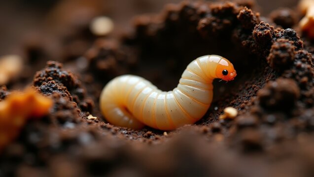 Cream colored larva moving through rich, dark soil. Depicting insect development, underground life, and natural environment