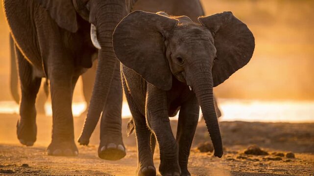 Walking elephant calf from herd heading to camera at savanna pond, flanked by adults for safety