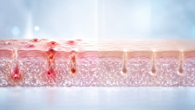 Anatomical cross section of skin layers showing cellular level healing from acne inflammation effect.