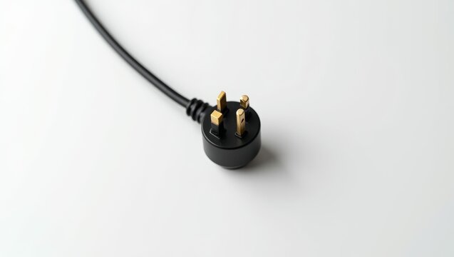Black three pin UK power plug with a cable on a white background, representing electrical connection and power supply
