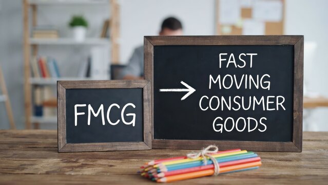 FMCG concept with chalkboards on wooden desk illustrating Fast Moving Consumer Goods in office environment.