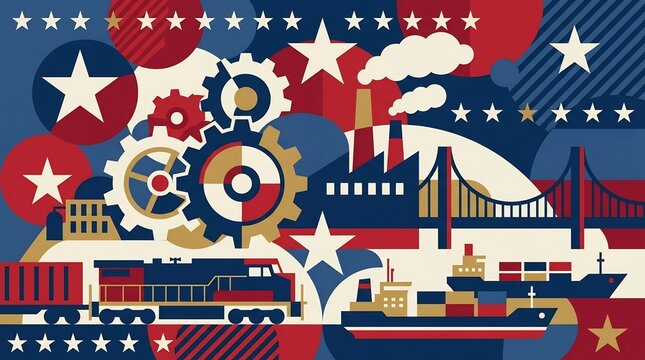 Industrial American labor illustration with gears, factories, transport, and patriotic flag motifs, representing manufacturing, logistics, and economic growth in flat design style.