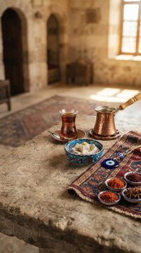 Traditional Turkish Tea and Copper Coffee Set on Decorative Table