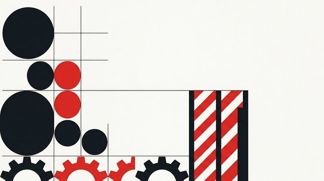 Minimalist industrial design with interlocking gears, red and black circles, and hazard stripes symbolizing labor, manufacturing, productivity, and mechanical engineering.