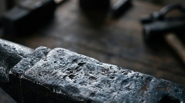 Close up of a textured blacksmith anvil surface, industrial metalworking, rustic craftsmanship, manual labor, forged steel, antique tools on blurred workbench