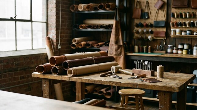 Leatherworking workbench with rolls of premium leather and handcrafted tools, artisanal studio workshop, traditional leathercraft workspace, small business craft atelier.