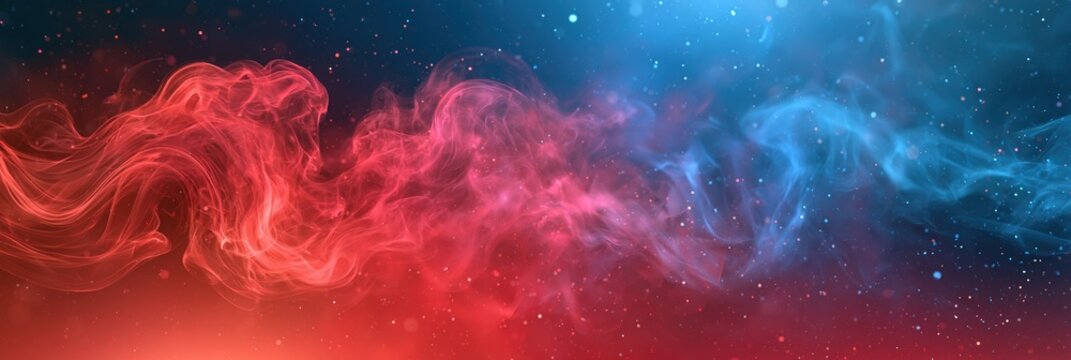 Abstract Red and Blue Smoke Swirls with Glittering Particles in Dark Space Background