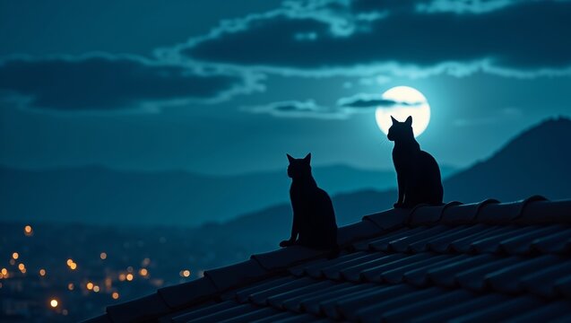 Two black cats silhouetted on a rooftop watching the full moon and distant city lights at night