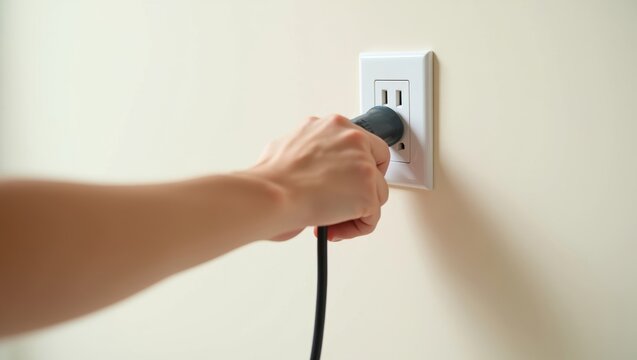 Hand plugging in an electrical power cord to a white wall outlet, connecting to energy for home and technology