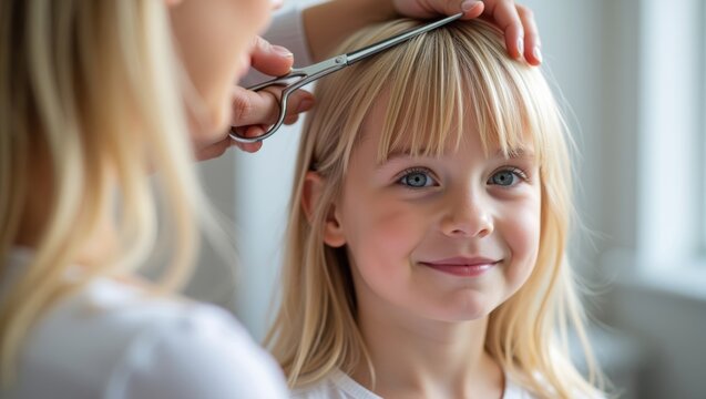 Little girl smiling during home haircut, mother cutting her blonde hair with scissors, family bonding moment