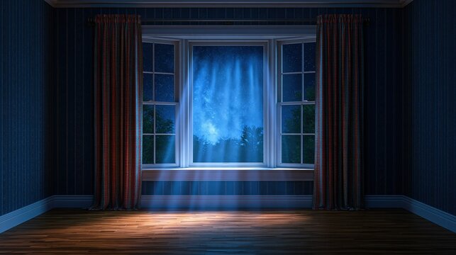 Empty room with bay window overlooking a starry night sky with aurora borealis effect