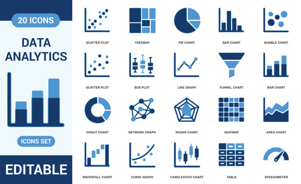 A collection of twenty blue and white data analytics icons featuring a scatter plot, treemap, pie chart, bar chart, bubble chart, box plot, line graph, funnel chart, donut chart, and network graph