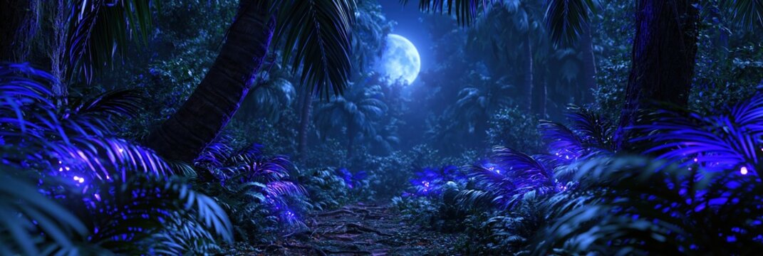 Enchanting jungle path at night under a full moon with glowing blue flora.