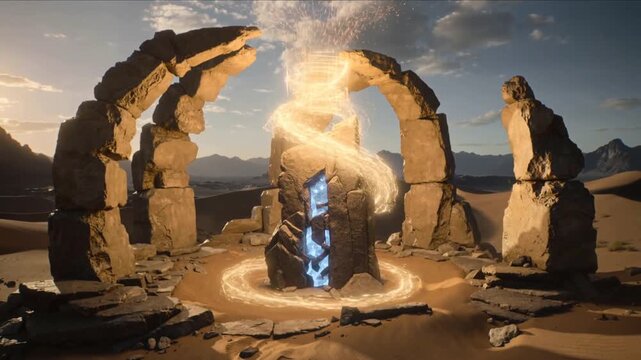 Appearing golden streak at base, broken monolith energizing core and spiraling helix in desert ruin