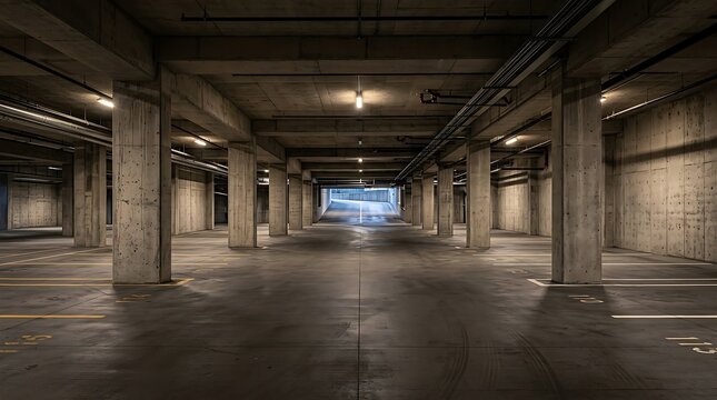 Concrete columns and ceiling in empty underground parking garage with overhead lights