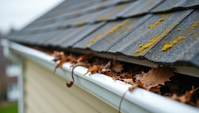 Gutter filled with dry autumn leaves and debris, roof shingles showing moss, indicating home maintenance needs
