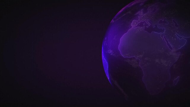 A translucent, purple globe glows against a dark, blurry background, depicting continents and oceans