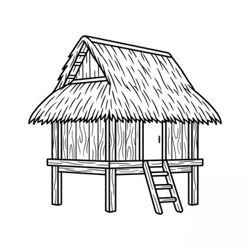 Traditional tropical stilt house with thatched roof illustration