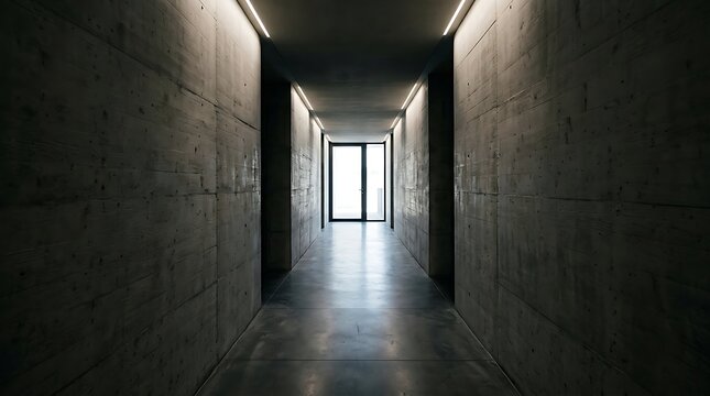 Concrete corridor with doorway illuminated by overhead lights and natural light