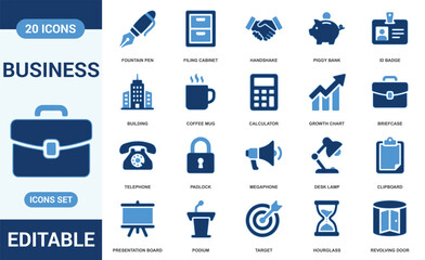Naklejka premium Set of 20 business and office management icons in blue, featuring fountain pen, filing cabinet, handshake, piggy bank, id badge, building, coffee mug, calculator, growth chart, and briefcase