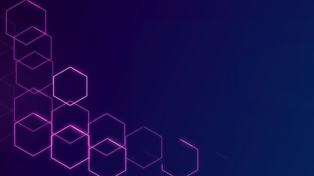 Abstract geometric pattern featuring interconnected pink neon hexagons on a gradient dark blue backdrop, creating a structured honeycomb visual effect.