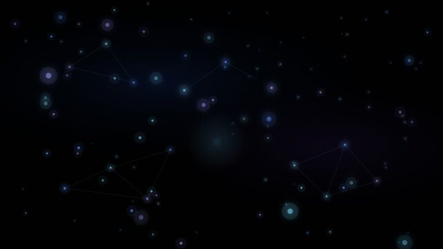 Abstract network of glowing blue circles and thin connecting lines scattered across a dark field, representing digital connectivity or stellar constellations.