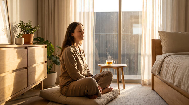 Peaceful woman meditating in sunlit bedroom at sunrise for wellness and mental health