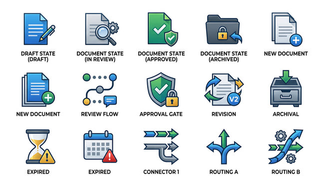 Document management workflow and file state vector icons set including draft, review, approval, and archival