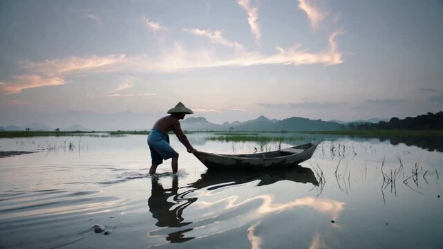 Grasping, man conical straw hat, blue wrap pushing boat into ankle-deep water at dawn for fishing