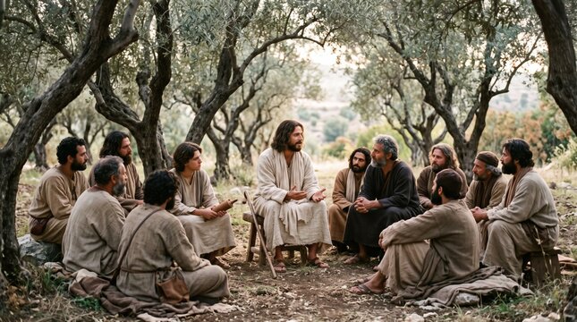 Jesus Christ teaching his disciples in an olive grove with natural light and ancient clothing