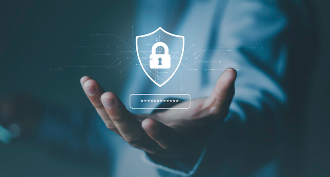 Cybersecurity protection concept, data privacy, secure access, password protection, and information security in modern business systems.digital shield and lock icon over global network.