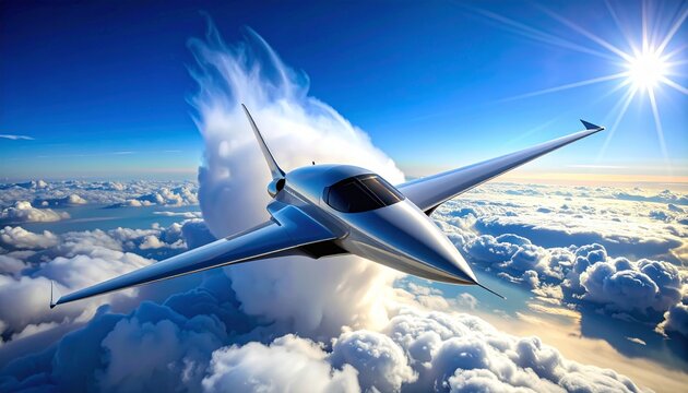 Futuristic Supersonic Jet Flying High Above the Clouds.
