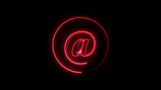 A dynamic motion, and glowing neon @ animation . Glowing neon 'At" symbol 3D icon spinning. Alpha channel. Seamless looping with black background.