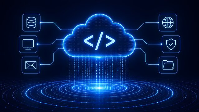 Cloud computing concept represented by a glowing blue digital cloud icon with data streams connecting to various business technology symbols in cyberspace.