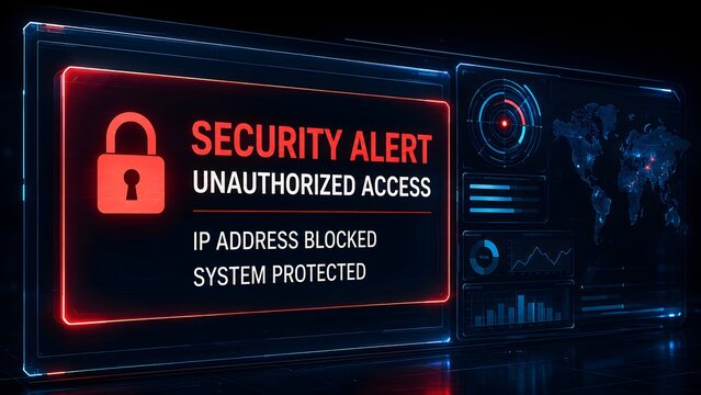 Futuristic cybersecurity dashboard displaying a red unauthorized access security alert and blocked IP address warning on a digital screen.