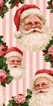 Vintage Santa Claus and floral Christmas seamless pattern background