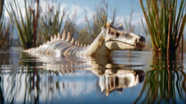 Fossil Beast Emerges: A skeletal remains of an ancient creature, perhaps a prehistoric reptile or dinosaur, emerges from murky water, its bony structure stark against the reeds and reflecting the sky.