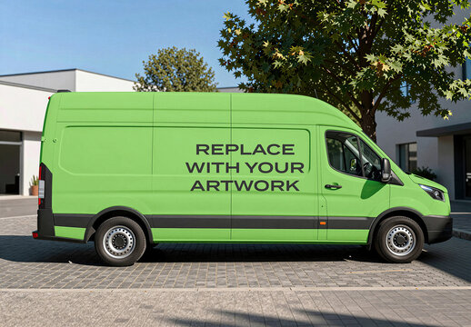 Commercial van mockup with side panel artwork placeholder, parked on a paved surface near modern building, realistic vehicle branding presentation for graphic design, advertising display