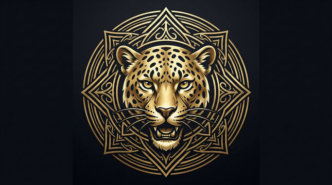Majestic leopard face with intricate golden geometric mandala, dark background, mystical wildlife emblem and luxury tattoo design