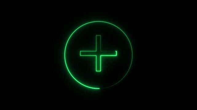 Glowing neon plus sign icon animation circle mathematic calculating positive accountancy sign symbol on black background.