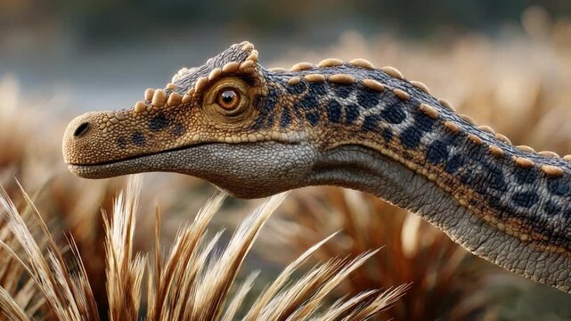 Dinosaur Head Portrait: Close-up portrait of a dinosaur's head with striking patterns and detailed texture, set against a backdrop of dry grass, evoking ancient times.