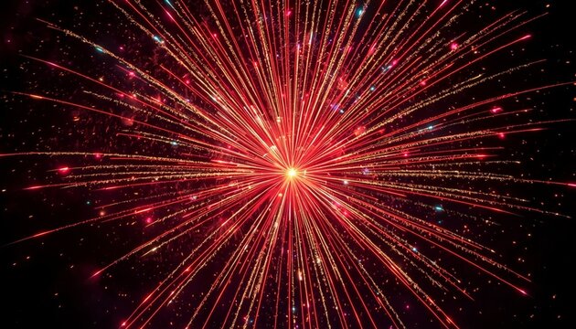 Close-up view of colorful fireworks exploding in the night sky, intricate starburst patterns, thousands of tiny glowing sparks